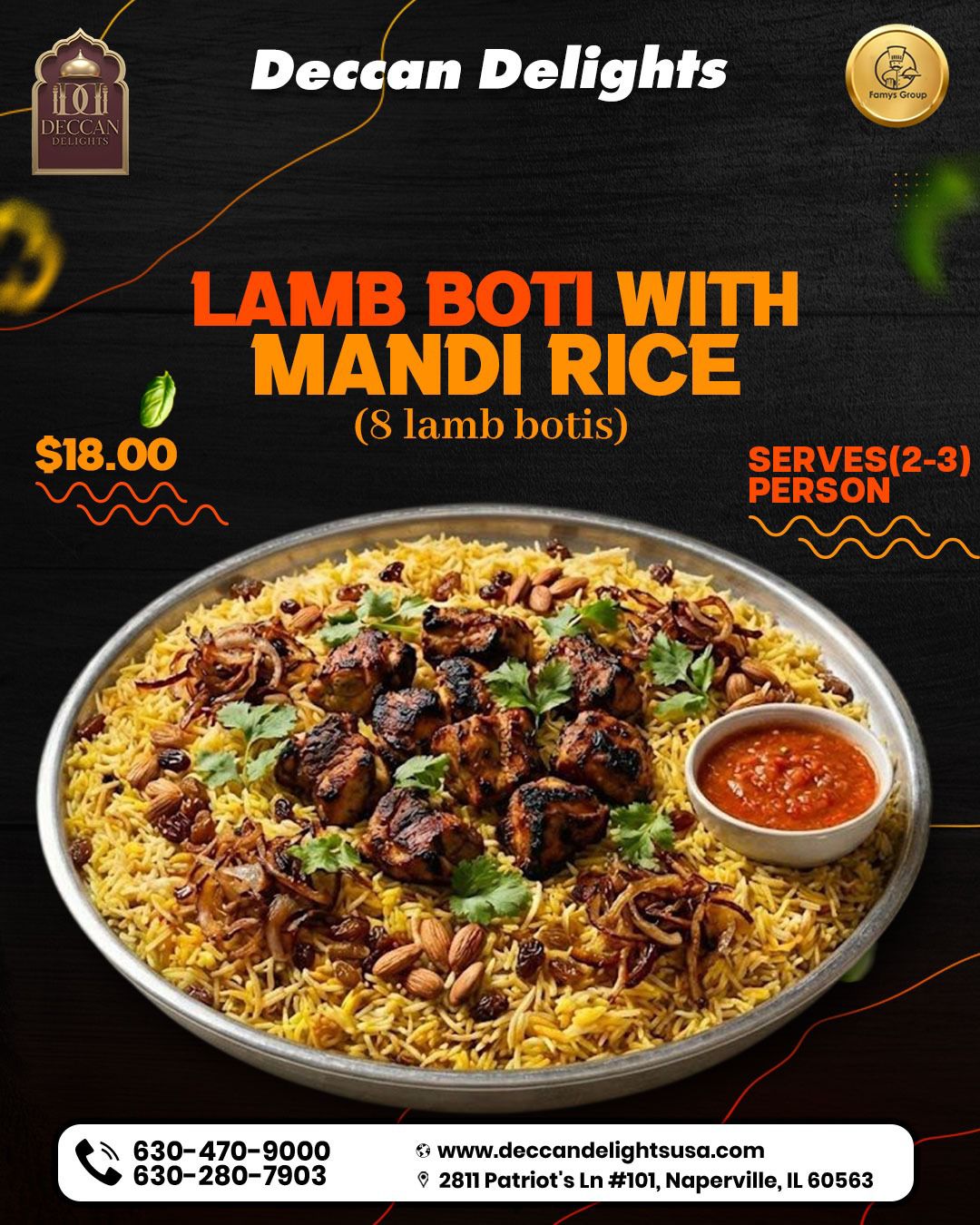 Lamb Boti with mandi rice - Deccan Delights